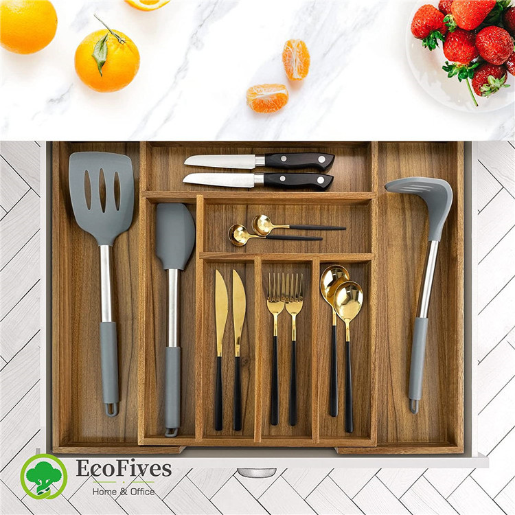 Adjustable 8 compartments acacia wood Kitchen Expandable flatware silverware utensil Drawer Organizer