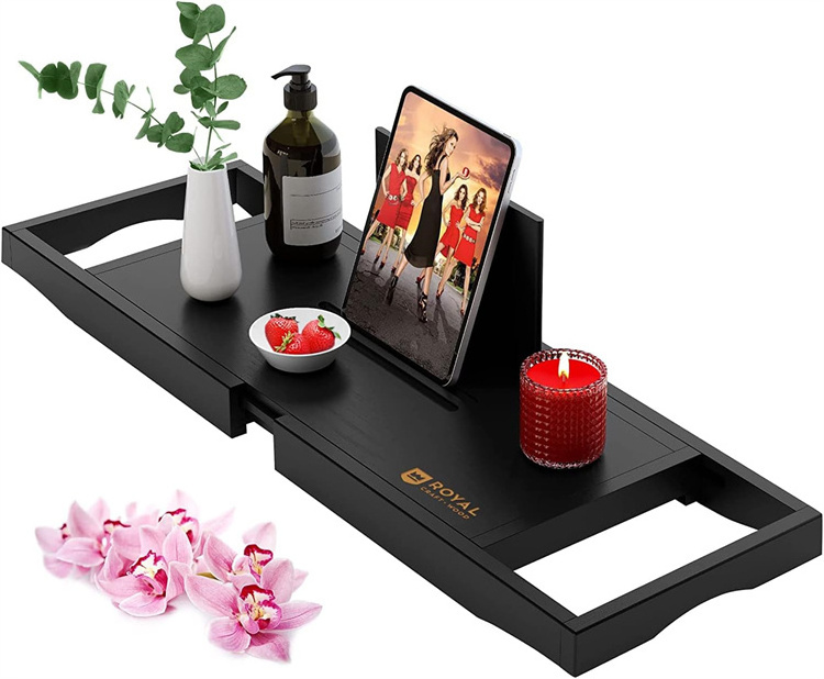 extendable black bamboo bathtub tray table shower caddy