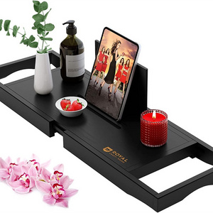 extendable black bamboo bathtub tray table shower caddy