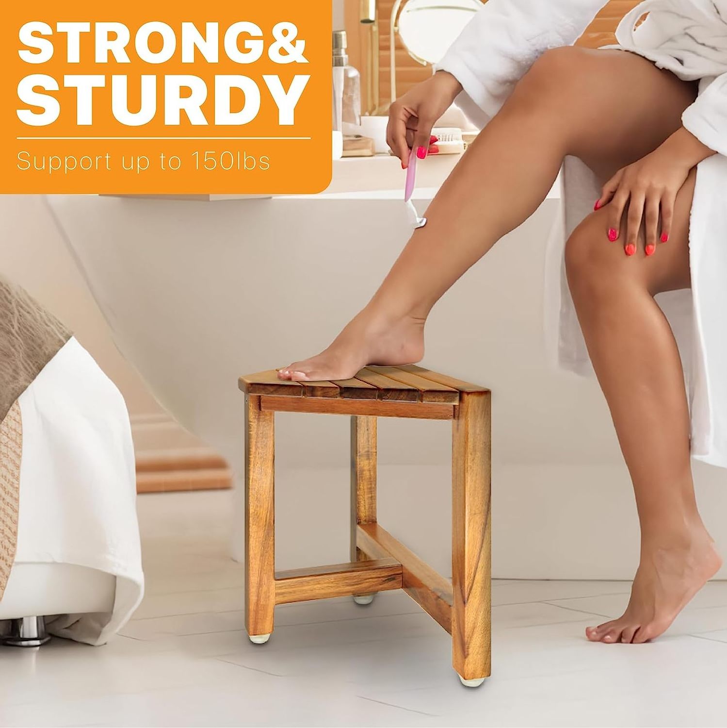 Acacia Wooden Corner Shower stool for Shaving Legs Small Corner Bathroom Bench