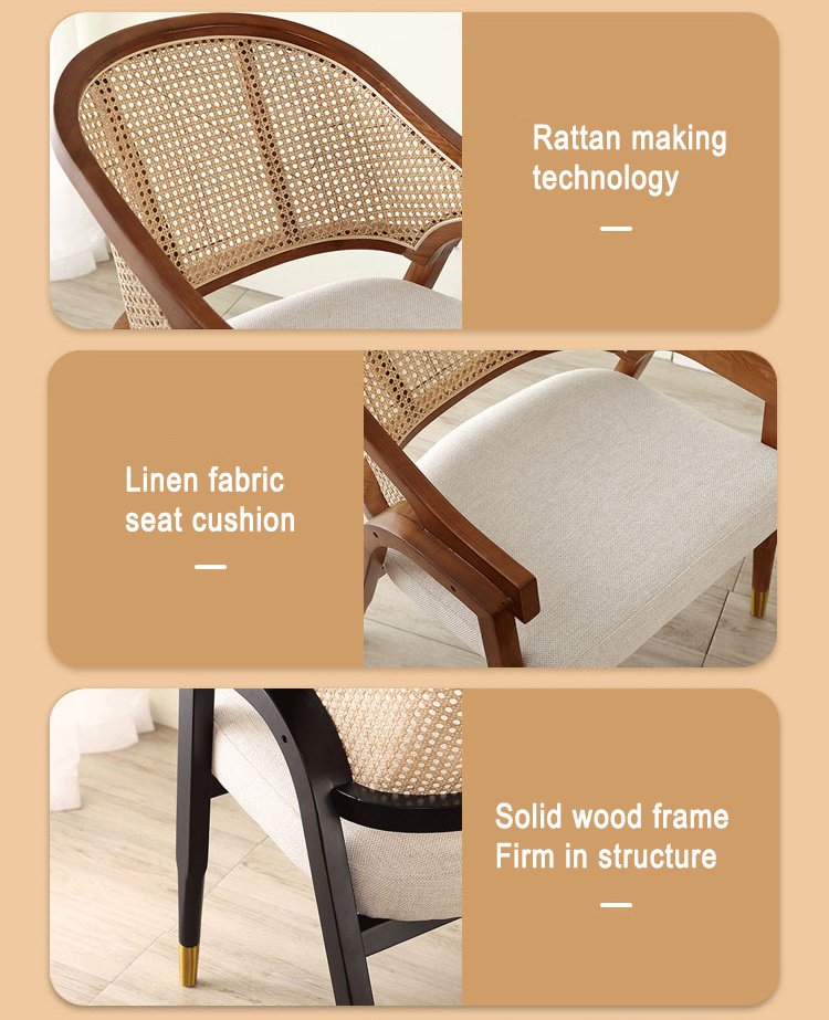 Nordic Wooden Home Furniture Rattan Wicker Back with Soft Cushion Wood Kitchen Dining Restaurant Chair