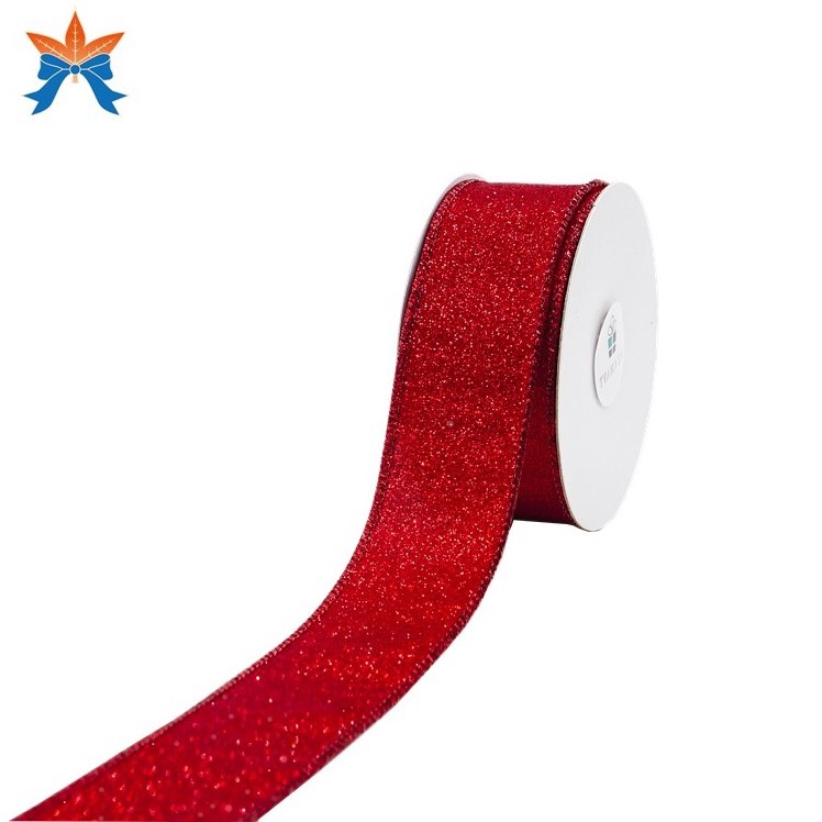 Satin With Red Glitter Red Wired Ribbon Wholesale