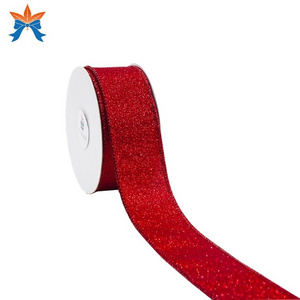 Satin With Red Glitter Red Wired Ribbon Wholesale