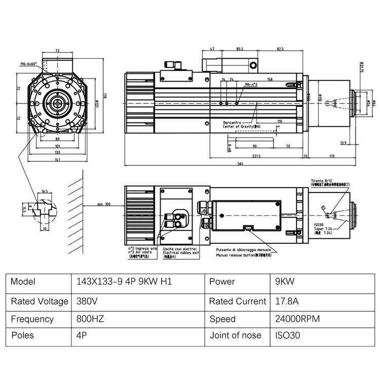 cnc spindle motor ISO30 9KW 24000rpm automatic tool changing atc machine tool spindle