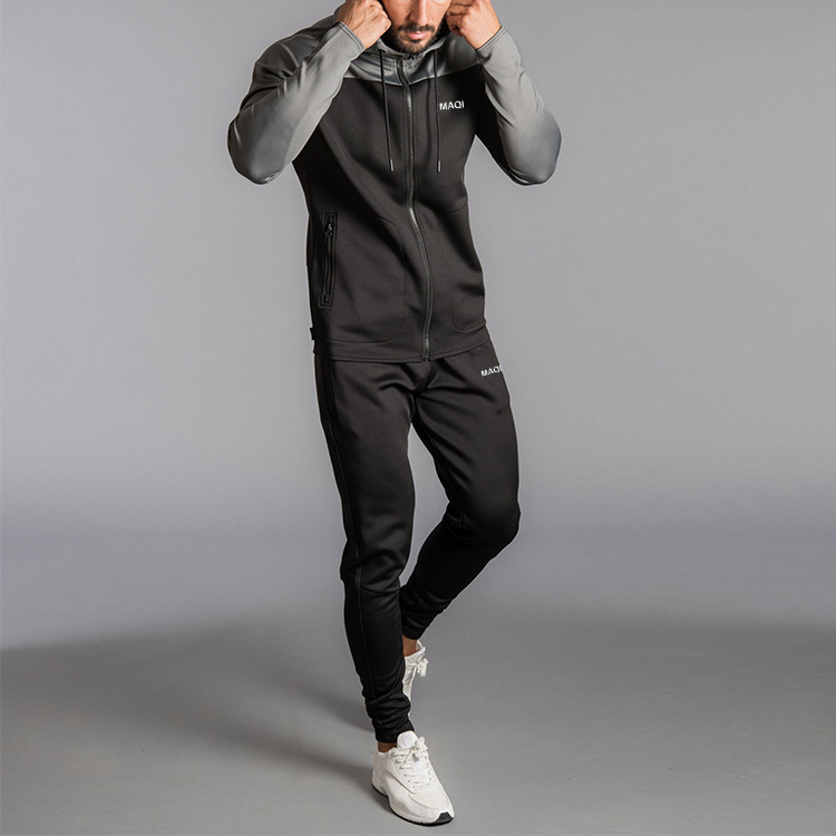 Fitness zipper OEM customized logo men 4 way stretch recycled french terry cargo sweatsuits