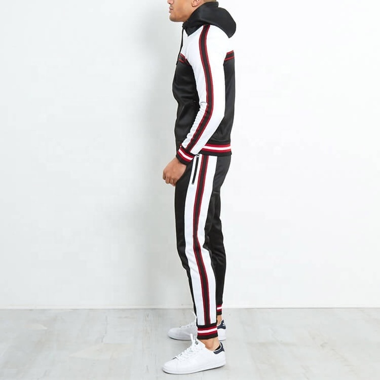 China custom logo men track suit color block black white cotton polyester sports training tracksuit no label brand