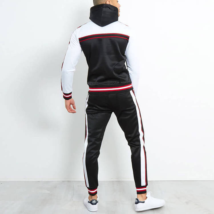 China custom logo men track suit color block black white cotton polyester sports training tracksuit no label brand