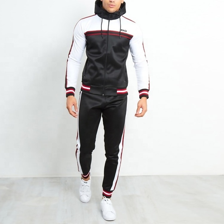 China custom logo men track suit color block black white cotton polyester sports training tracksuit no label brand