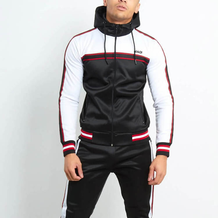 China custom logo men track suit color block black white cotton polyester sports training tracksuit no label brand