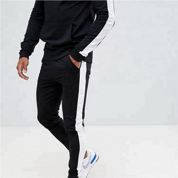 Design Your Own Two Piece Track Suit Mens Fitted Black With Side White Stripe Tracksuit