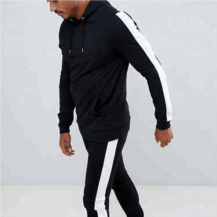 Design Your Own Two Piece Track Suit Mens Fitted Black With Side White Stripe Tracksuit