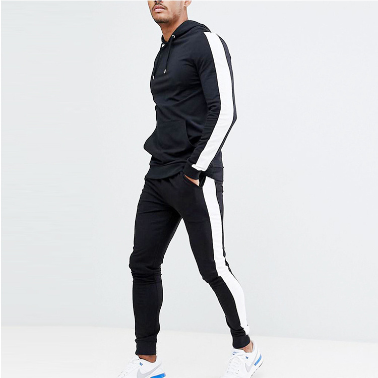 Design Your Own Two Piece Track Suit Mens Fitted Black With Side White Stripe Tracksuit