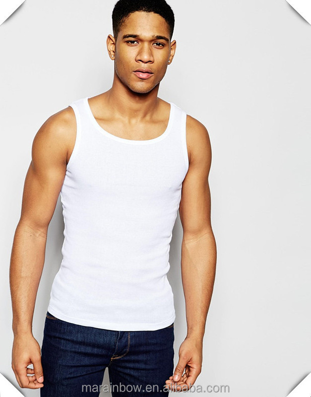 Mens Ribbed Tank Top Scoop Neck Tank Top Slim Fit 100% Cotton White Plain Tank Muscle Fit Vest