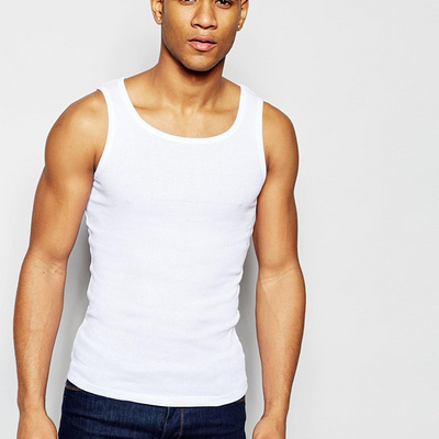 Mens Ribbed Tank Top Scoop Neck Tank Top Slim Fit 100% Cotton White Plain Tank Muscle Fit Vest