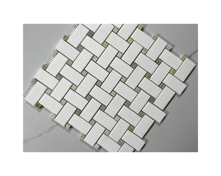 Thassos White Marble 1x2 Basketweave Mosaic Tile Green Jade Dots Kitchen Bath Wall Floor Backsplash Shower