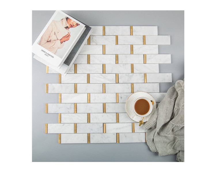 Polished for Kitchen Bathroom Backsplash Carrara White Marble With Metal Brass Subway Mosaic Tiles