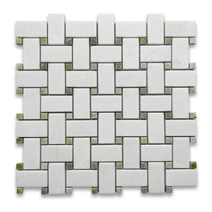 Thassos White Marble 1x2 Basketweave Mosaic Tile Green Jade Dots Kitchen Bath Wall Floor Backsplash Shower