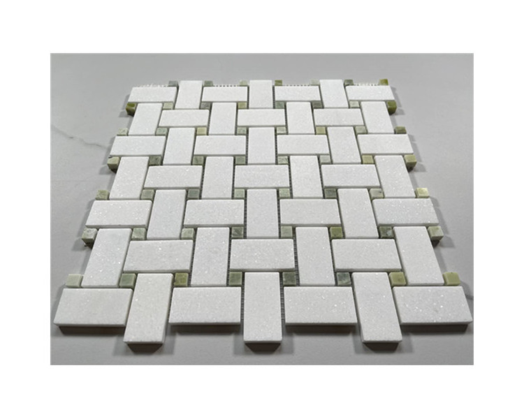 Thassos White Marble 1x2 Basketweave Mosaic Tile Green Jade Dots Kitchen Bath Wall Floor Backsplash Shower