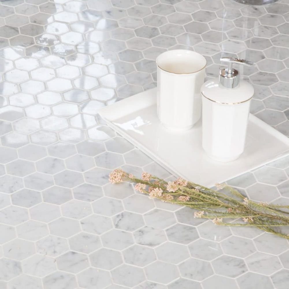 Polished Bathroom Kitchen Backsplash Floor Tile White Carrera 2 Inch Marble Hexagon Mosaic Tile