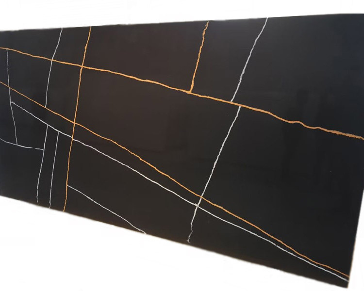 Solid Surface Artificial Stone Kitchen Countertop Black Quartz With White and Gold Veins