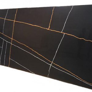 Solid Surface Artificial Stone Kitchen Countertop Black Quartz With White and Gold Veins