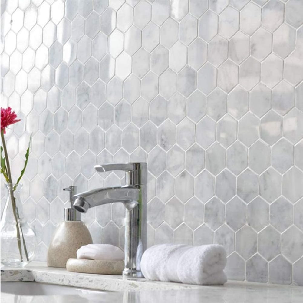 Polished Bathroom Kitchen Backsplash Floor Tile White Carrera 2 Inch Marble Hexagon Mosaic Tile