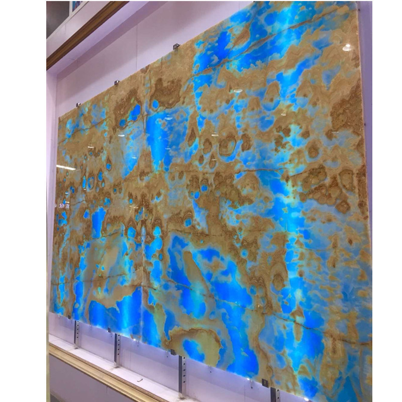 Backlit golden sky blue onyx marble slab wall cladding