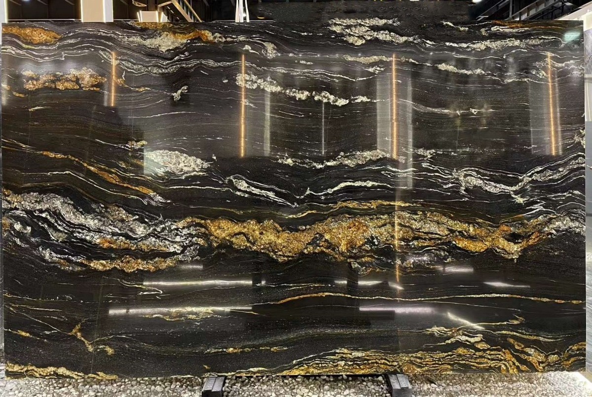 High quality exotic black cosmic gold granite counter top magma gold veins black granite