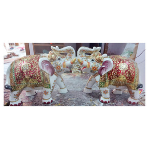 Natural White Marble Colorful Pair Elephant Statue For Home Decoration