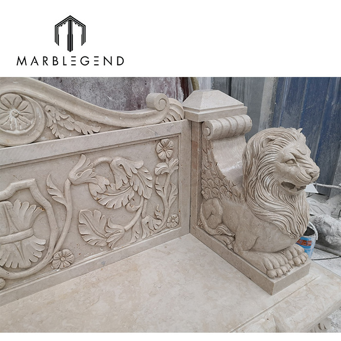 Beige marble ideas with cute cherub design outdoor garden marble bench with lion sculpture