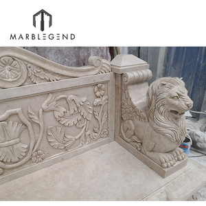 Beige marble ideas with cute cherub design outdoor garden marble bench with lion sculpture