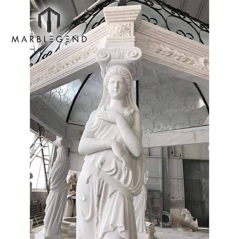 Large Outdoor Stone Carved Marble Garden Gazebo Roman Statue Lady Gazebo With Metal Roof