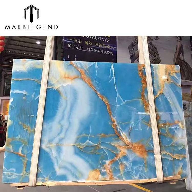 Custom luxury interior villa wall panel wholesale golden sky blue onyx marble slab