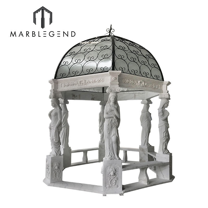 Large Outdoor Stone Carved Marble Garden Gazebo Roman Statue Lady Gazebo With Metal Roof