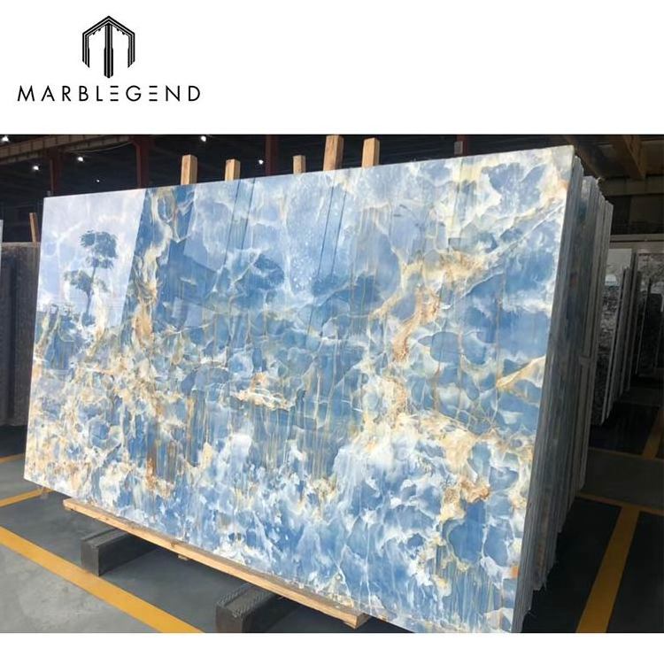 Custom luxury interior villa wall panel wholesale golden sky blue onyx marble slab