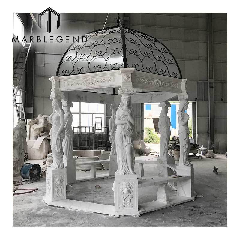 Large Outdoor Stone Carved Marble Garden Gazebo Roman Statue Lady Gazebo With Metal Roof