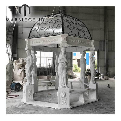 Large Outdoor Stone Carved Marble Garden Gazebo Roman Statue Lady Gazebo With Metal Roof