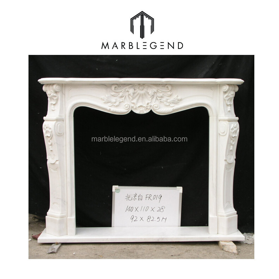 Classic Europe Style Hand Carved Freestanding White Marble Mantel Fireplace for Villa