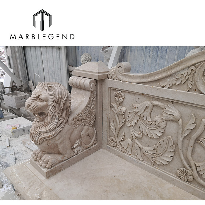 Beige marble ideas with cute cherub design outdoor garden marble bench with lion sculpture