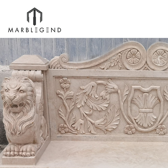 Beige marble ideas with cute cherub design outdoor garden marble bench with lion sculpture