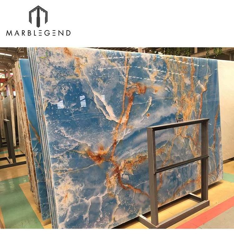 Custom luxury interior villa wall panel wholesale golden sky blue onyx marble slab