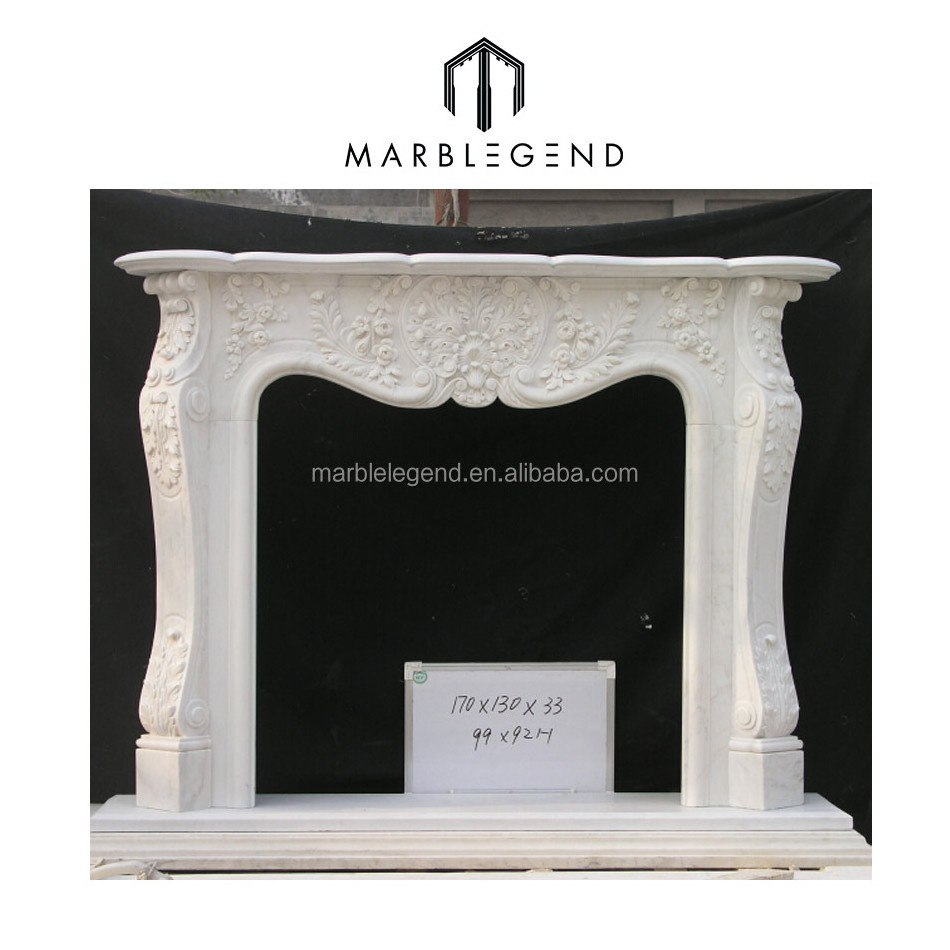 Classic Europe Style Hand Carved Freestanding White Marble Mantel Fireplace for Villa