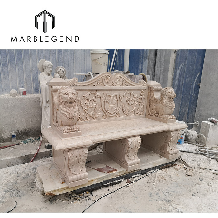 Beige marble ideas with cute cherub design outdoor garden marble bench with lion sculpture