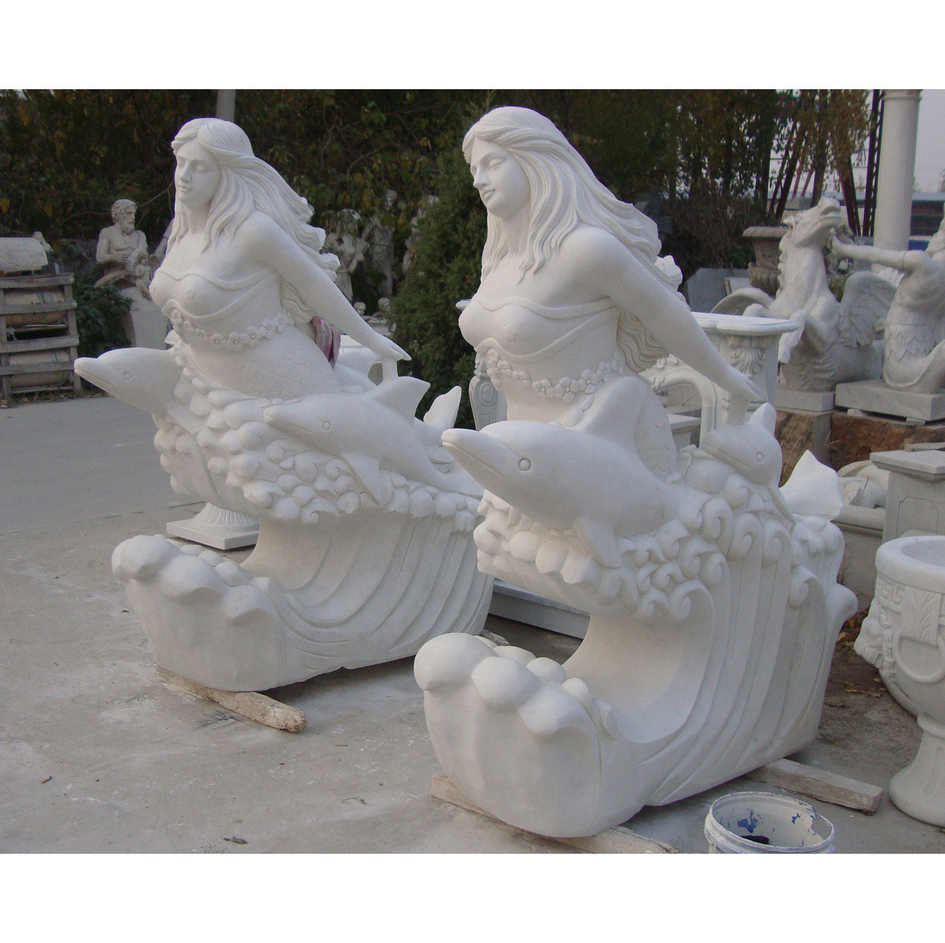 Garden Decoration Stone Sculpture Marble Mermaid with Dolphin Statue