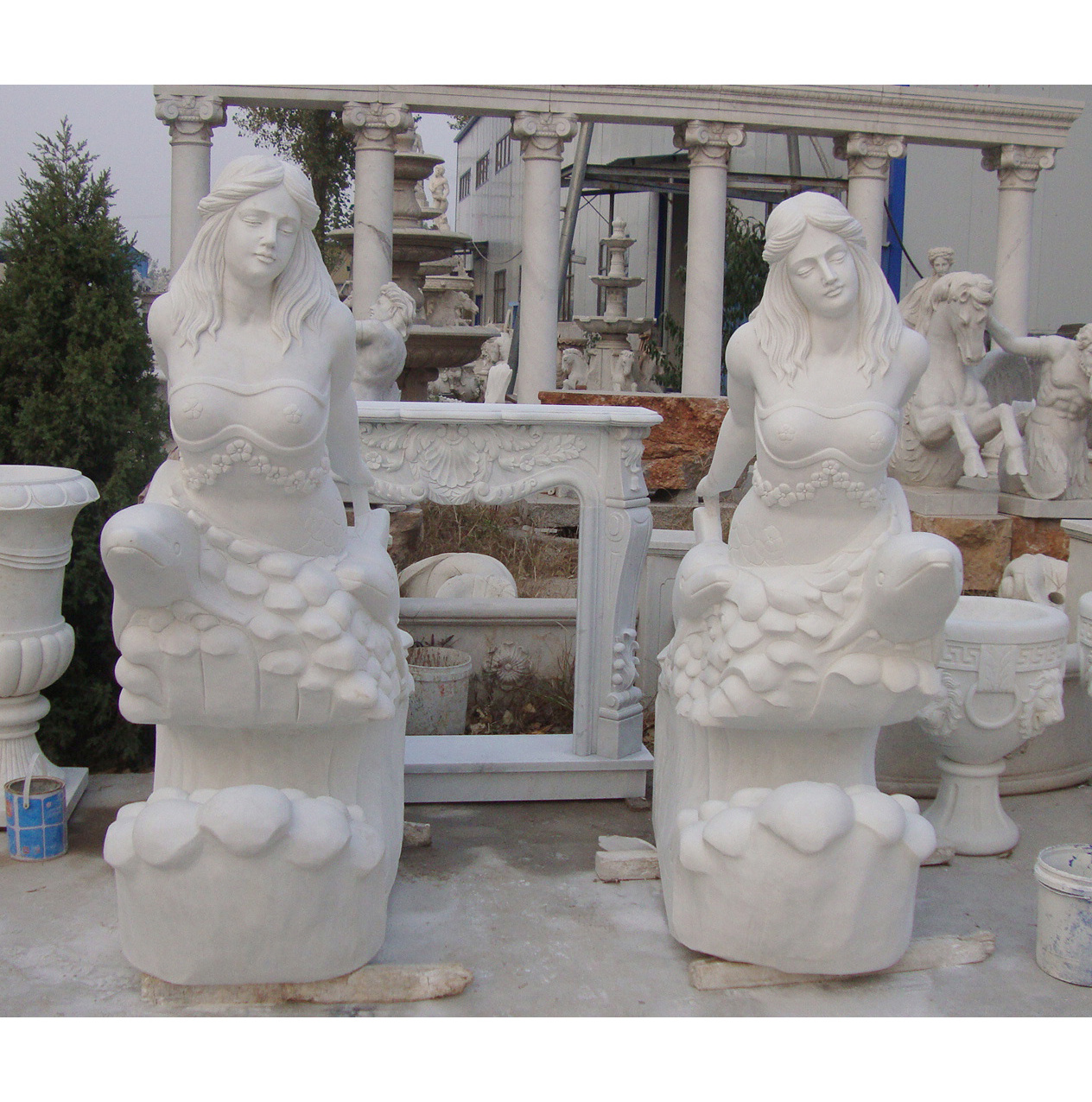 Garden Decoration Stone Sculpture Marble Mermaid with Dolphin Statue