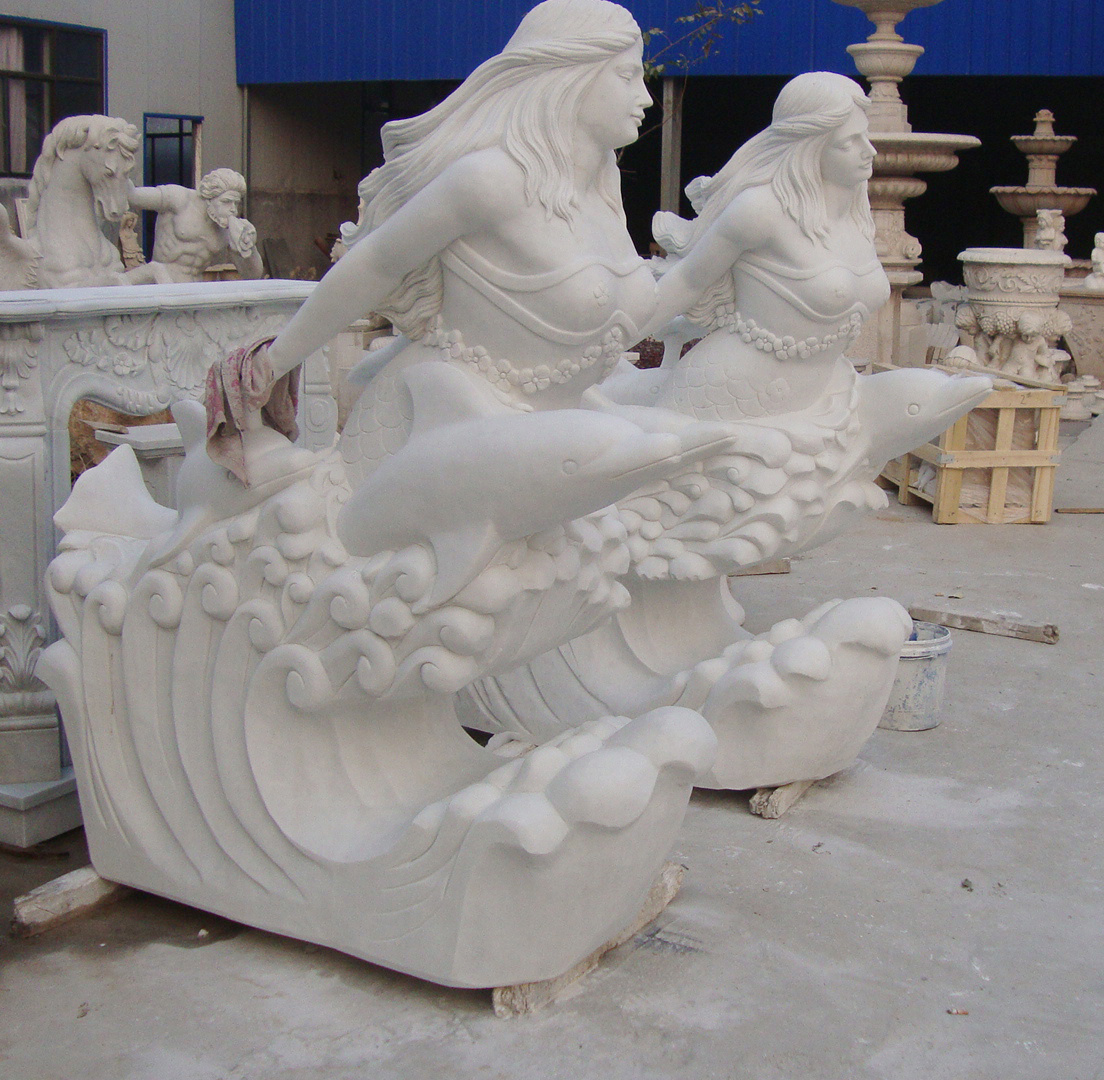 Garden Decoration Stone Sculpture Marble Mermaid with Dolphin Statue