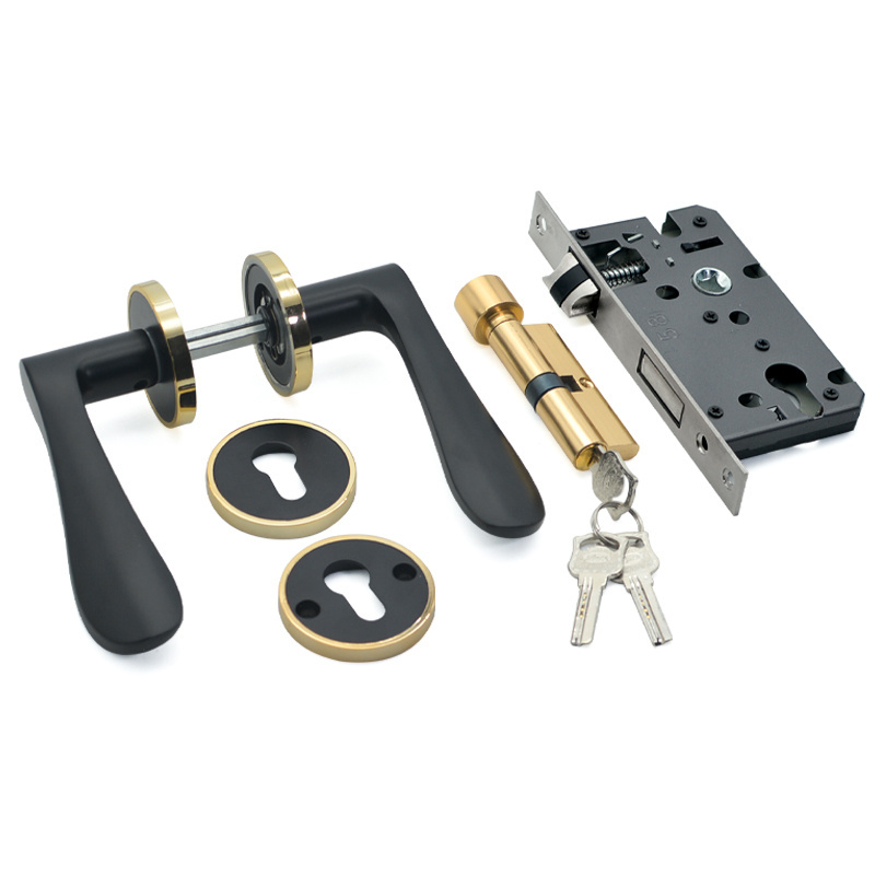 Economy Black Handle Gold Base Ring Aluminum Black Door Handle Lock Set