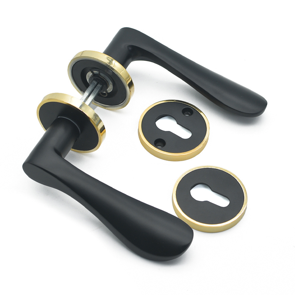 Economy Black Handle Gold Base Ring Aluminum Black Door Handle Lock Set