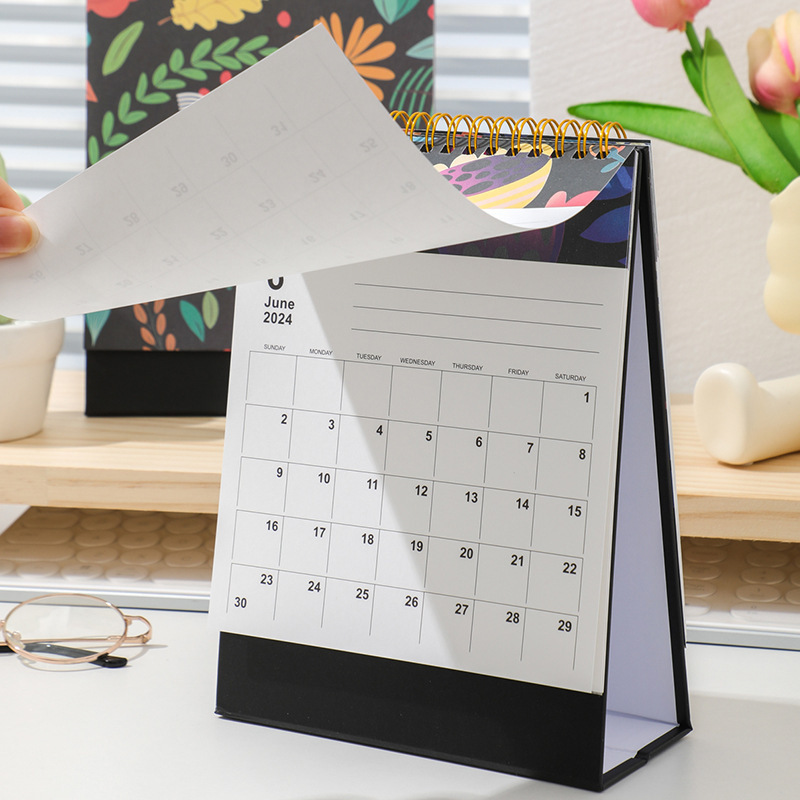 2024 Desk Calendar solid color desktop calendar plan memo pad paper Custom Logo Printed Spiral Wire Stand Flip Table Calendar