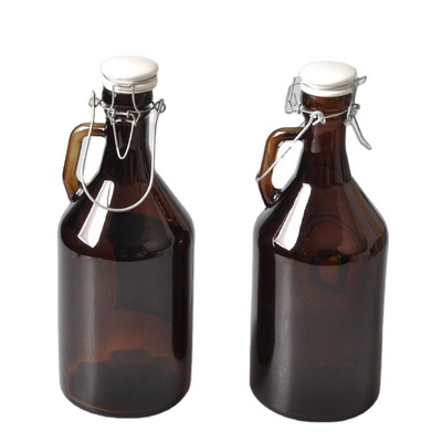 Wholesale  round growler Dark Amber beer glass growler with swing ceramic lid 32oz 64oz 1L 2L water wine  bottle with handle